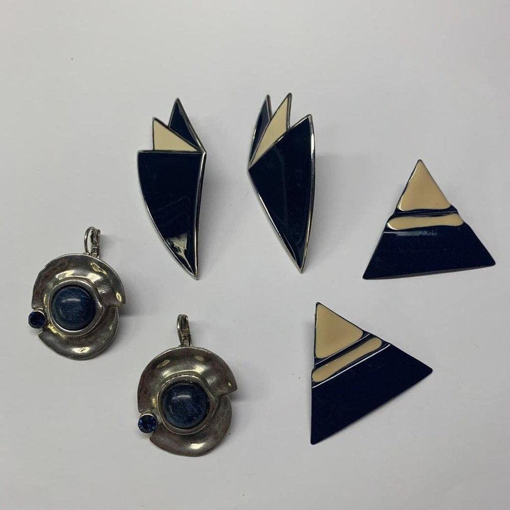 Lot Of 3 Vintage - Modern Costume Earrings Studs Silver Tone Some Enamel
